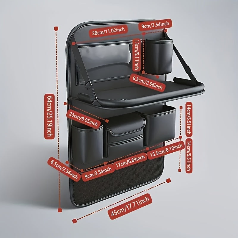 Car seat back organizer with foldable dining table, storage rack, and compartments for vehicles.