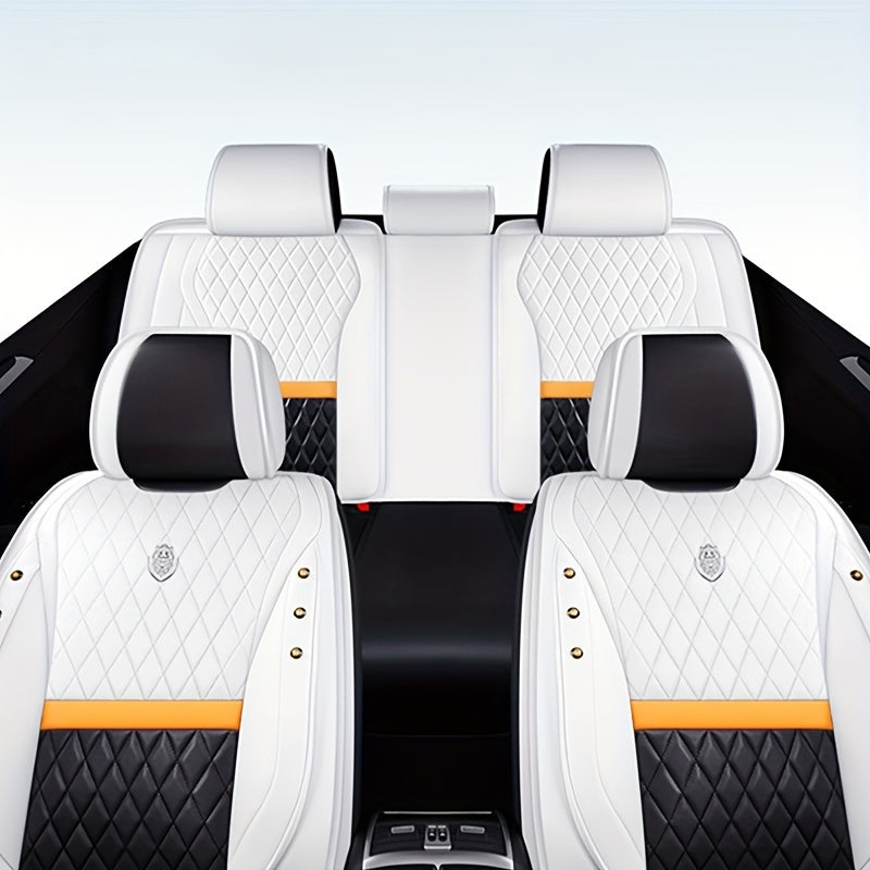 Luxury 5-seat car seat covers in Napa leather with diamond stitching, crocodile texture design. Fits sedans, SUVs, and vans. Adjustable headrests, full coverage. Available in black, white