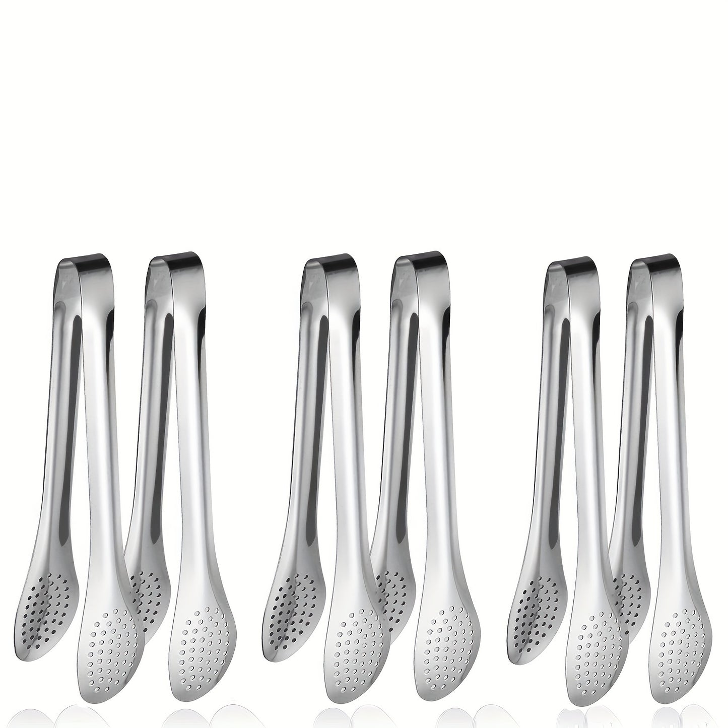 6 packs of stainless steel buffet tongs in 7, 9, and 12 inches.