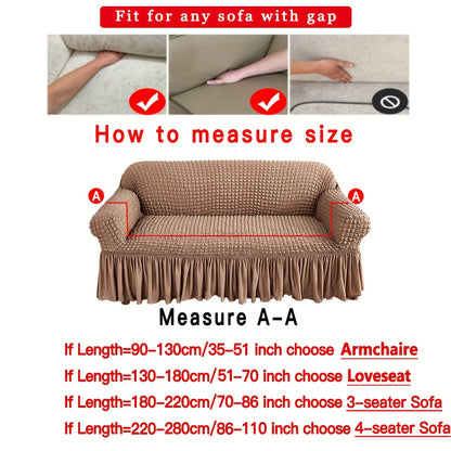 Seersucker skirt sofa cover protects couch from cat scratches in bedroom, office, or living room.