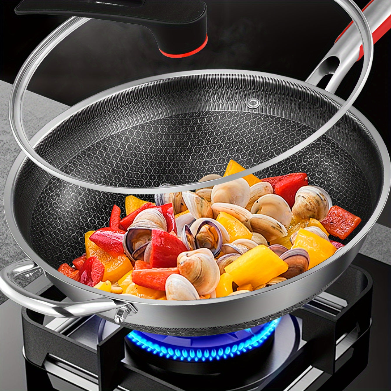 Stainless steel frying pan perfect for outdoor camping and use on gas stove or induction cooker. This non-stick pan is ideal for frying steak, eggs, and fish. The kitchen honeycomb design ensures even cooking. Available in 32cm, 34cm, and 36cm sizes with