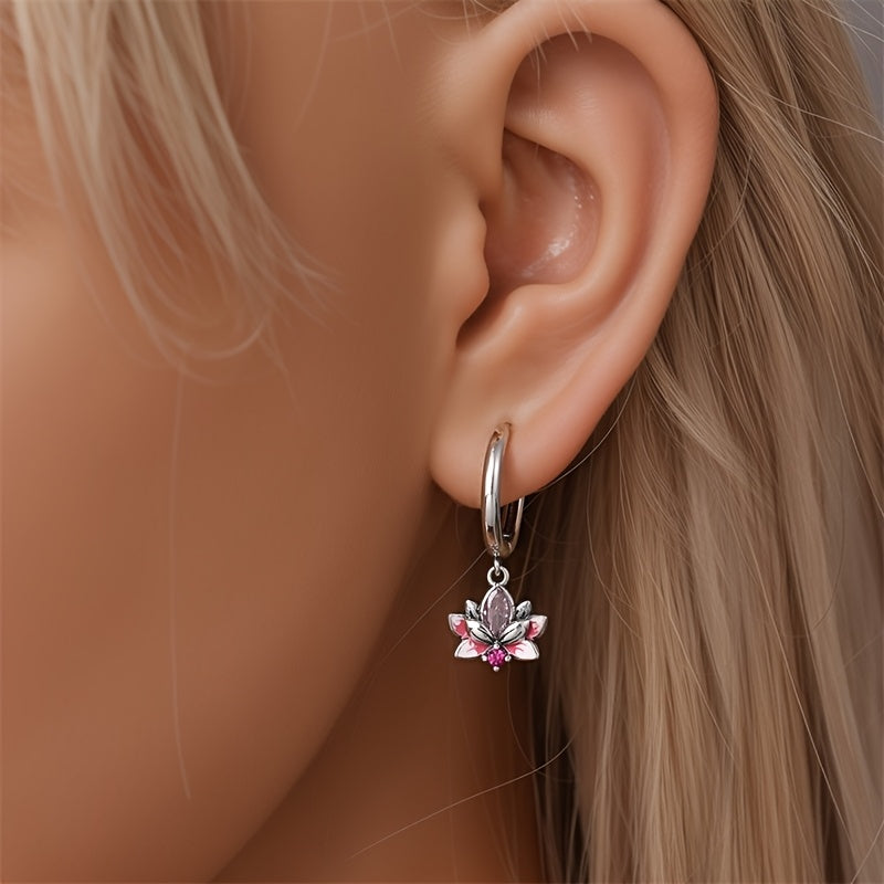 Sterling Silver Lotus Flower Hoop Earrings with Synthetic Zirconia, Boho Elegant Style, Silver Plated, Lightweight, Perfect for Parties and Vacations, Ideal for Spring Festivals, Versatile All-Season Jewelry