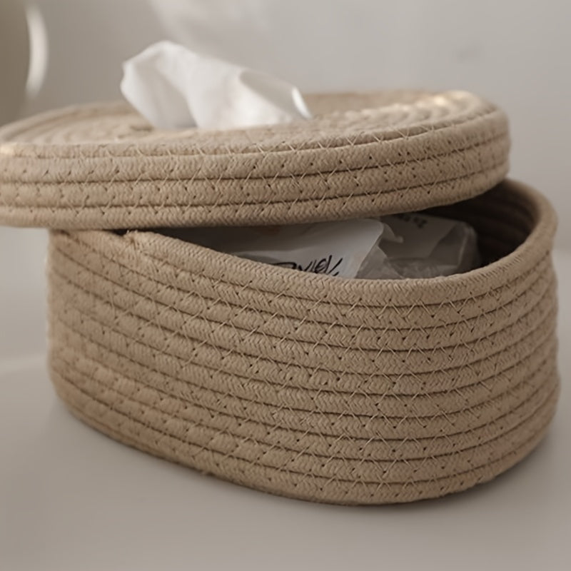 Rustic beige rope-woven tissue box with decorative bow. Ideal for home, car, or commercial use.