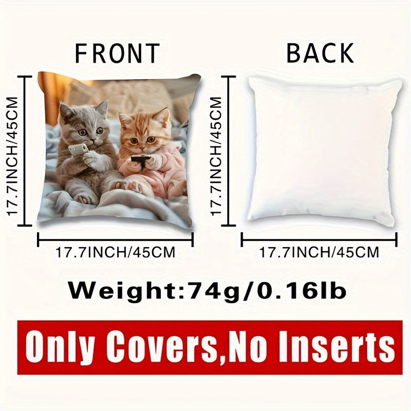 Adorable kitten print pillowcase - French style, 44.96cm x 44.96cm, machine washable, zippered closure, 100% polyester. Ideal for living room and bedroom decor (pillow insert not included).