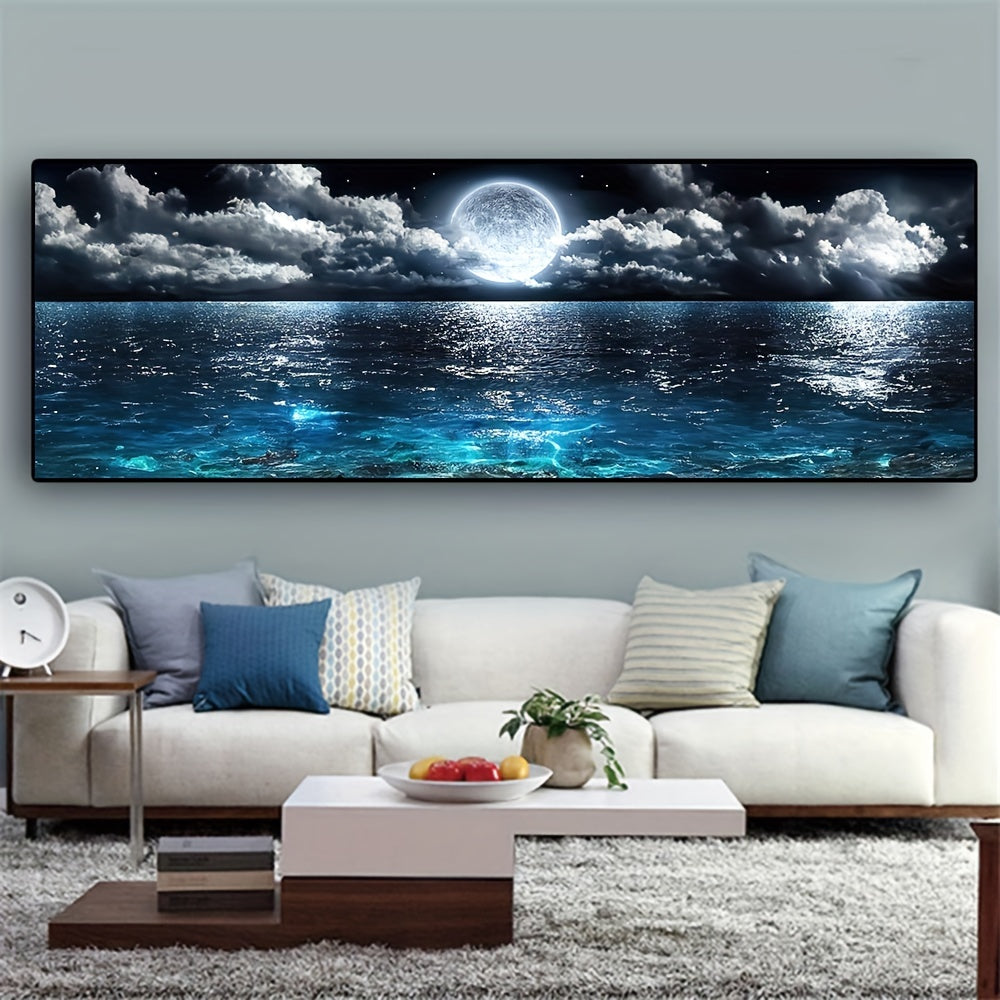 Modern abstract ocean and night moon landscape canvas poster. Ideal gift for bedroom and fall wall decor. Oil painting, no frame included.