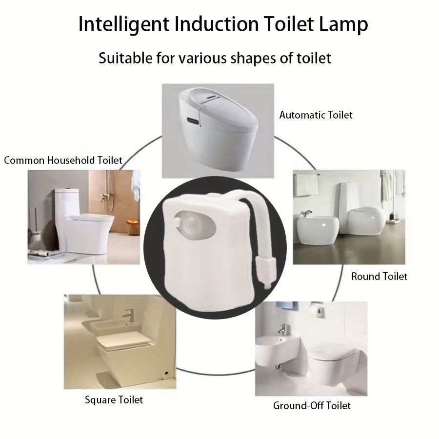 LED toilet light with motion activation, 16 color options, wall mountable, battery operated, modern design.