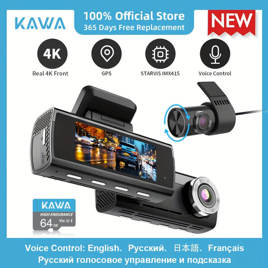 KAWA True 4K Dash Cam Front and Rear with WiFi, Starvis IMX415, 64GB TF Card, GPS, Voice Control, 8.03cm Screen, Night Vision, Loop Recording, 24H Park Mode - D8