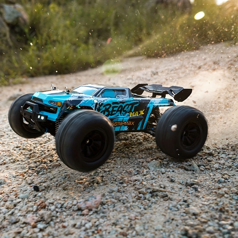 ZNLYRION Remote Control Off-Road Vehicle with Brushless Motor, 4WD, 80KM/H Speed, LED Headlights, Durable Plastic Body, Dynamic Graphics in Blue. Ideal for Outdoor Adventures.