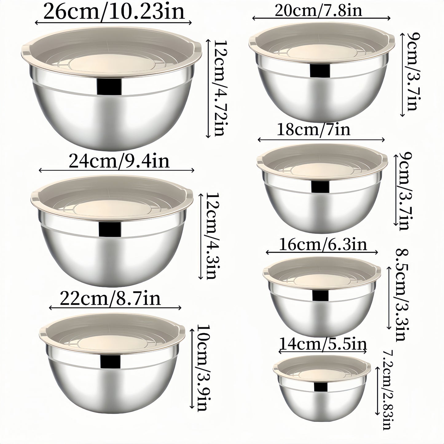 14-piece stainless steel mixing bowl set with sealed lids for food storage and meal prep. Ideal for salads, kitchen gadgets, and accessories.