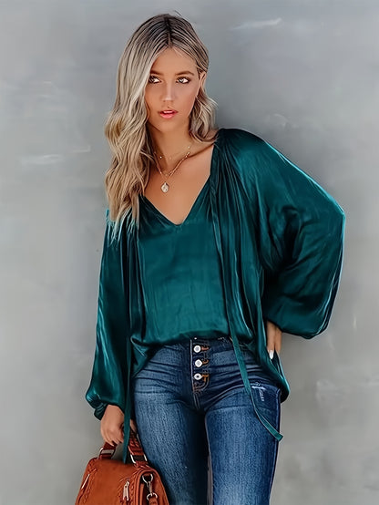 V-Neck Polyester Blouse with Tie Neck Detail - Draped Lantern Sleeves, Ruched Design, Loose Fit Casual Top for Women - Versatile All-Season Shirting