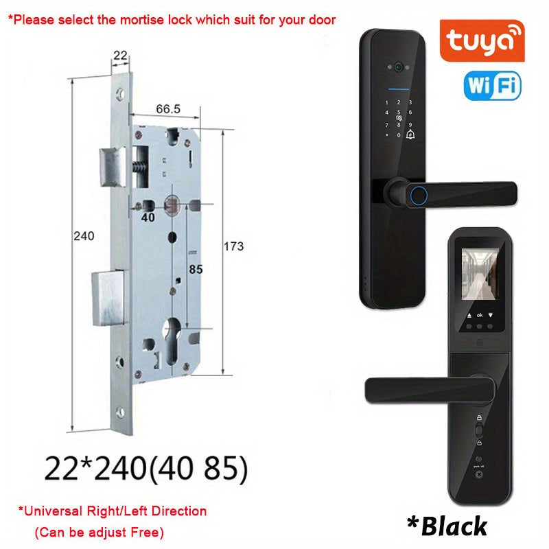 Smart door lock with biometric camera, fingerprint, smart card, password, and key unlock.