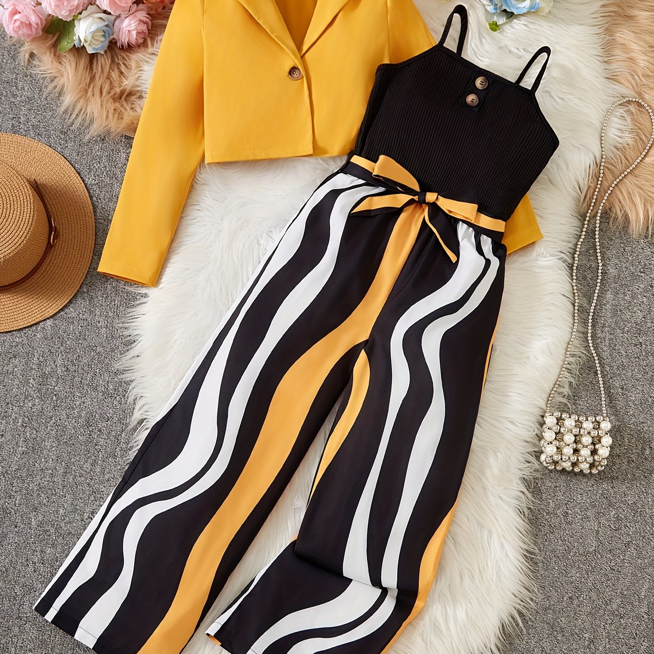 Girl's outfit includes a long sleeve short blazer, camisole, and striped jumpsuit set with belt. Stripe pattern is random. Perfect for outdoor wear.