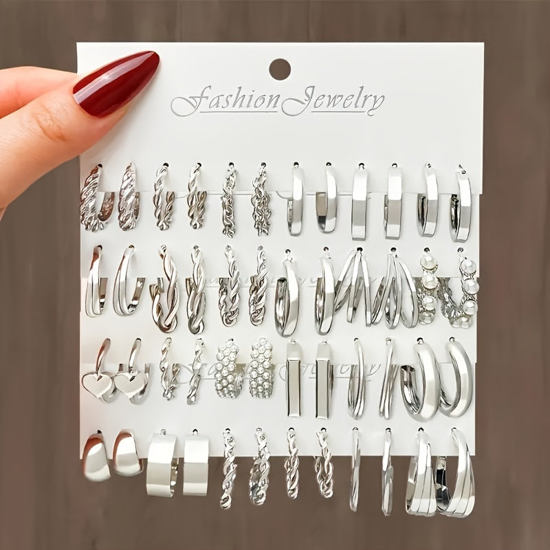 48-piece set of hoop earrings for women, featuring elegant geometric and heart designs embellished with faux pearl accents. Made with stainless steel posts, these earrings are perfect for casual attire and make great gifts.