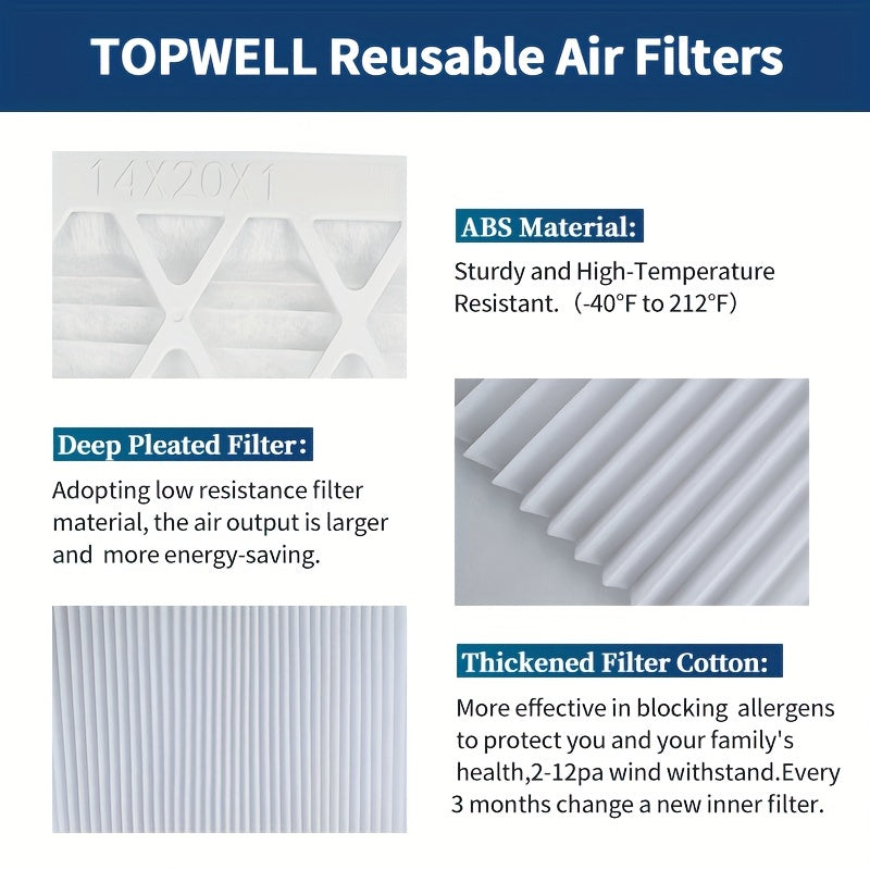 TopWell offers a set of 9 reusable air filters measuring 14x20x1 inches. These high-quality filters have a MERV rating of 13 and 1800 MPR, making them compatible with AC/HVAC furnaces. The filters come with a durable plastic frame, ensuring long-lasting