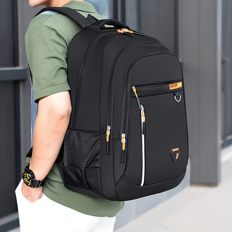 Durable nylon backpack with laptop compartment for students, easy to clean and ideal for school.