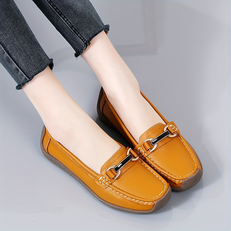 Women's metal decor loafers, casual slip-on flat shoes with lightweight faux leather material.