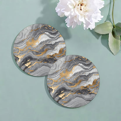 6 golden marbled coasters with absorbent rubber and non-slip backing, perfect for home decor or as a housewarming gift, each 10.16 cm in diameter.