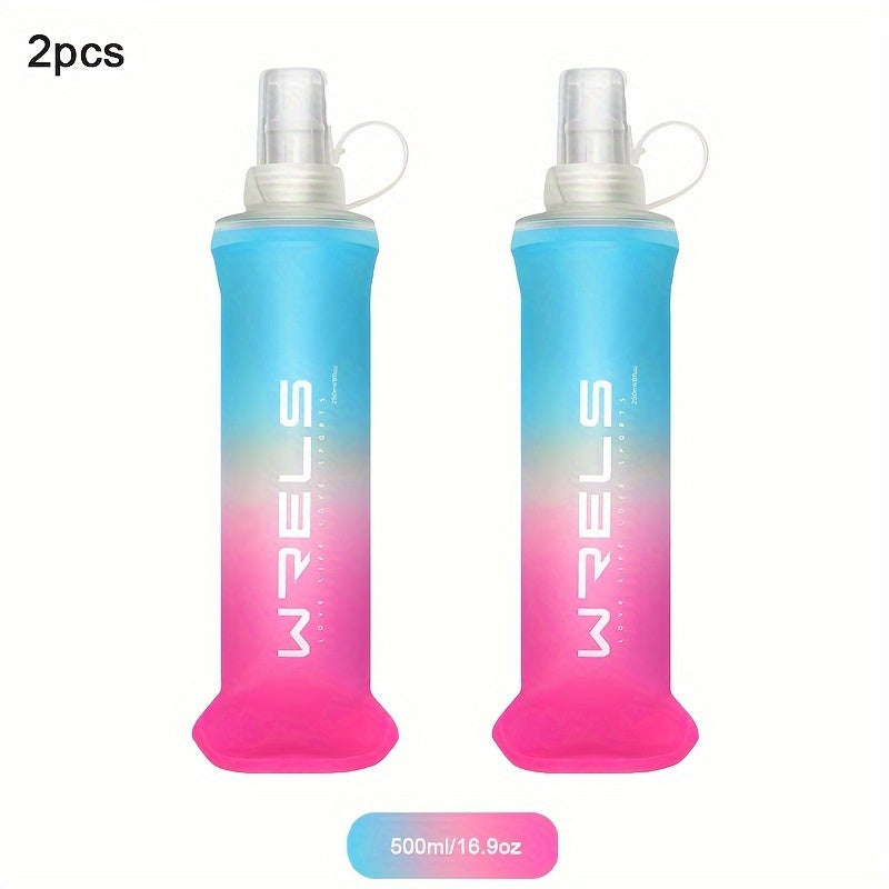 WRELS 2pcs collapsible silicone water bottles in sizes 8.5oz & 17oz, BPA-free for running, hiking, and cycling.