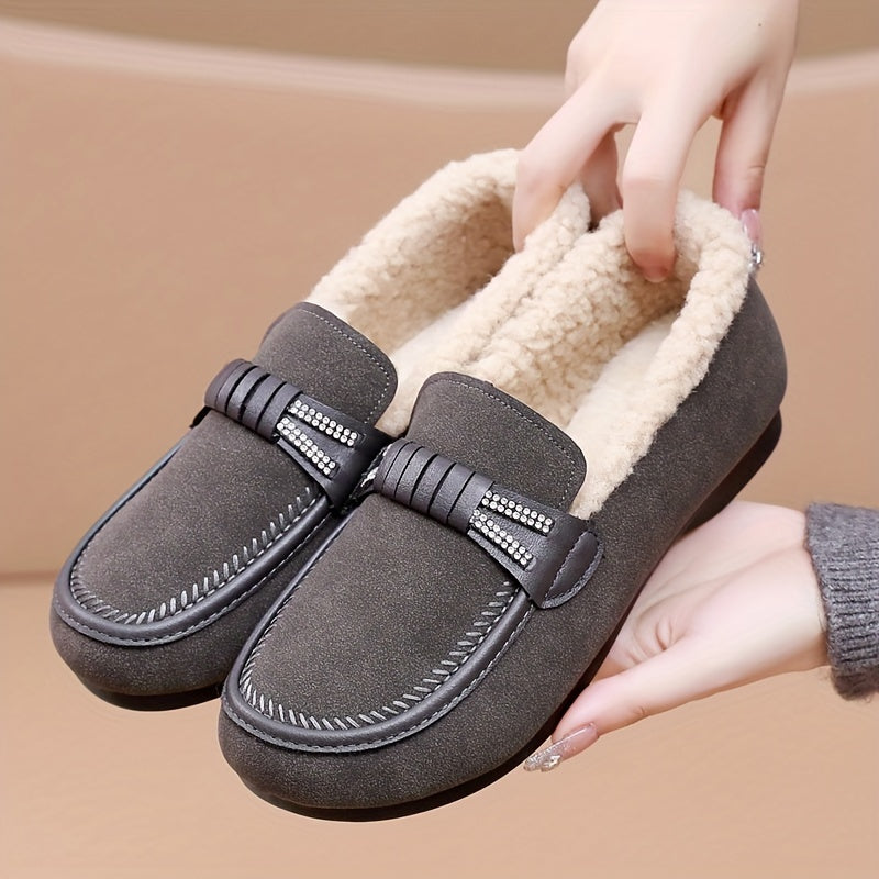 Women's Plush-Lined Loafers with Non-Slip Sole- Black, Warm and Cozy for Winter