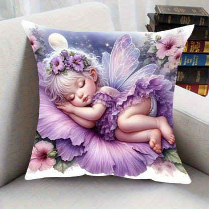 Angel girl plush pillowcase with fairy tale design featuring a sleeping fairy, floral motifs, and starry night sky. Ideal for bedroom or living room decor. Does not include pillow insert. Mystical and soft.