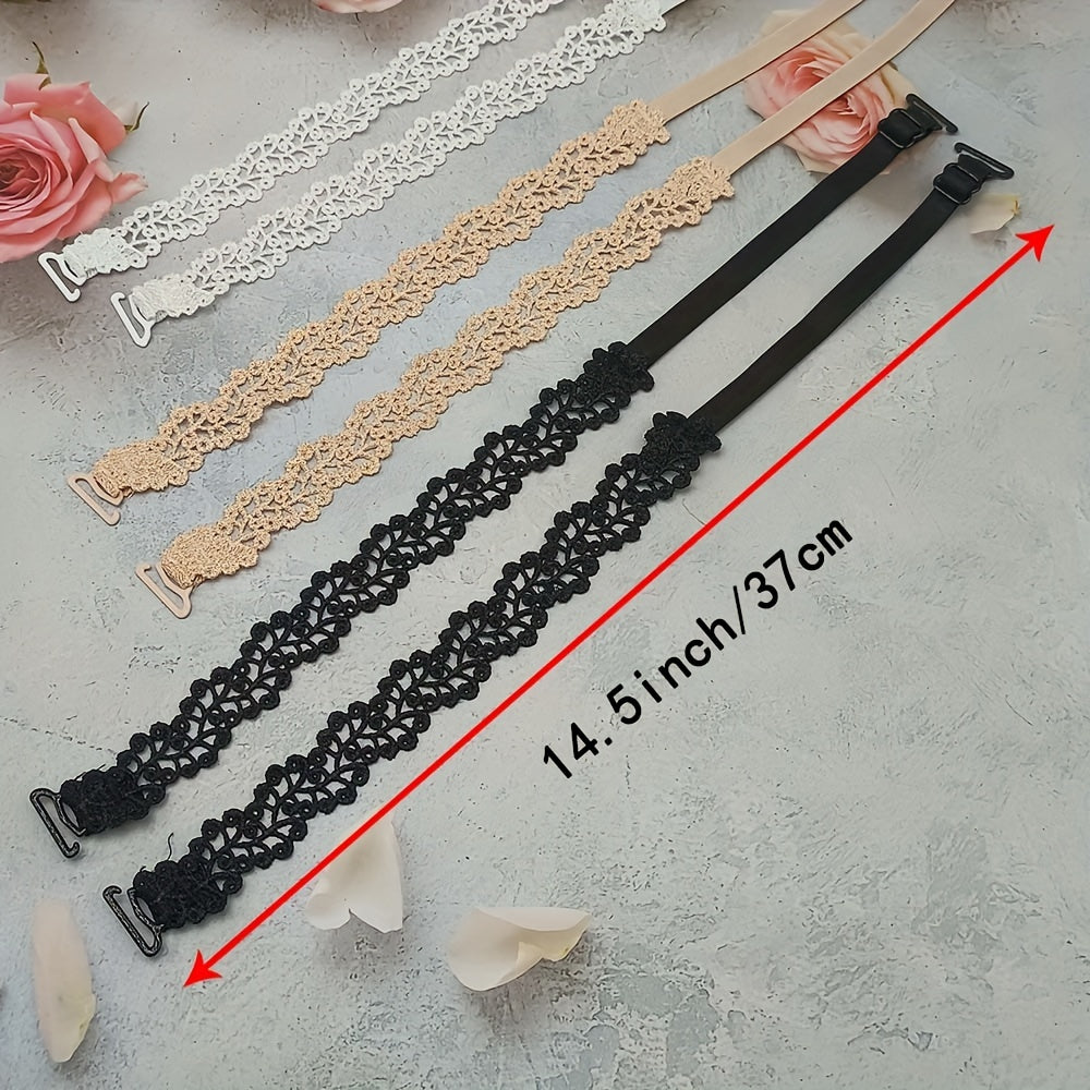 Floral bra straps in beige, white, and black with metal clasps, adjustable and made of polyester fabric; women's fashion accessory for lingerie.