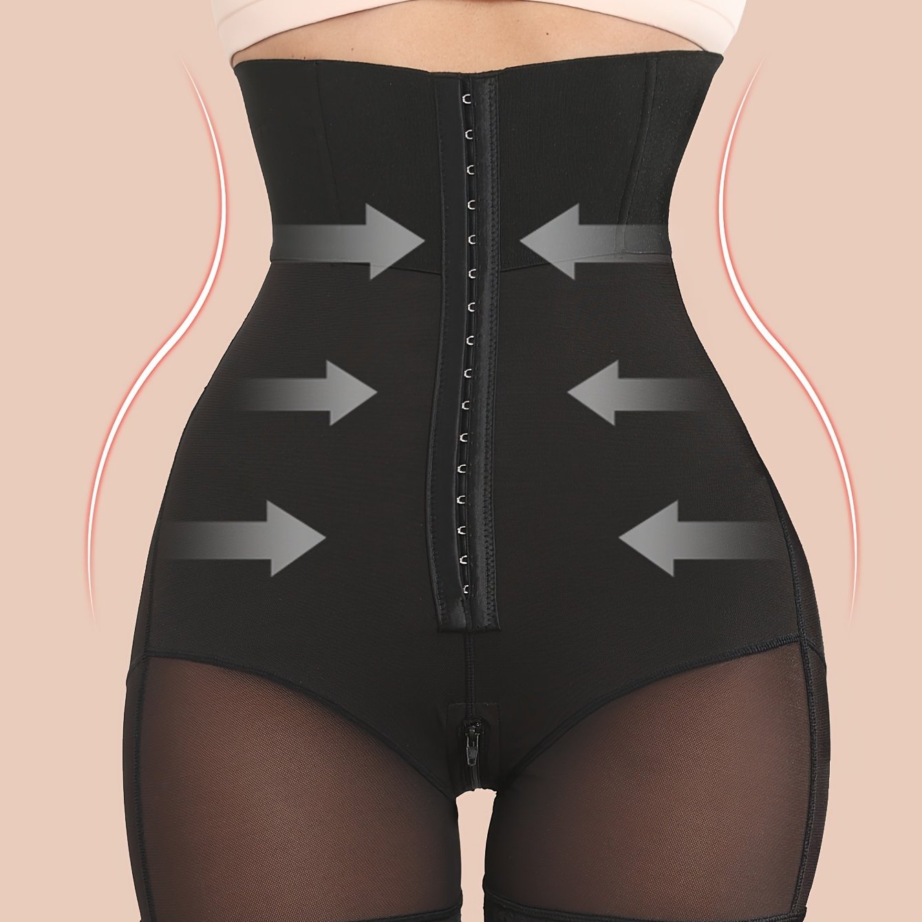 High-waisted shapewear briefs for women with hip and abdomen control, post-surgery compression, butt lifting, thigh slimming, adjustable hooks, and breathable mesh with lace detailing.