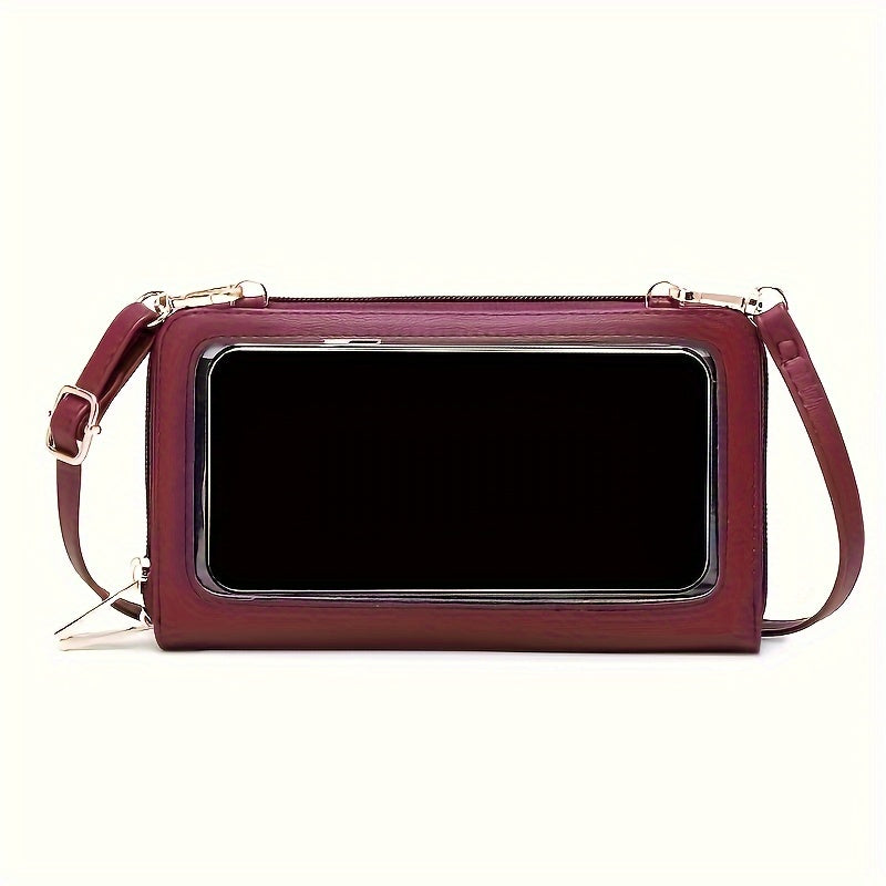 Stylish women's crossbody phone bag with RFID blocking, touch screen, adjustable strap, synthetic leather in red/blue/black. Ideal for everyday use.