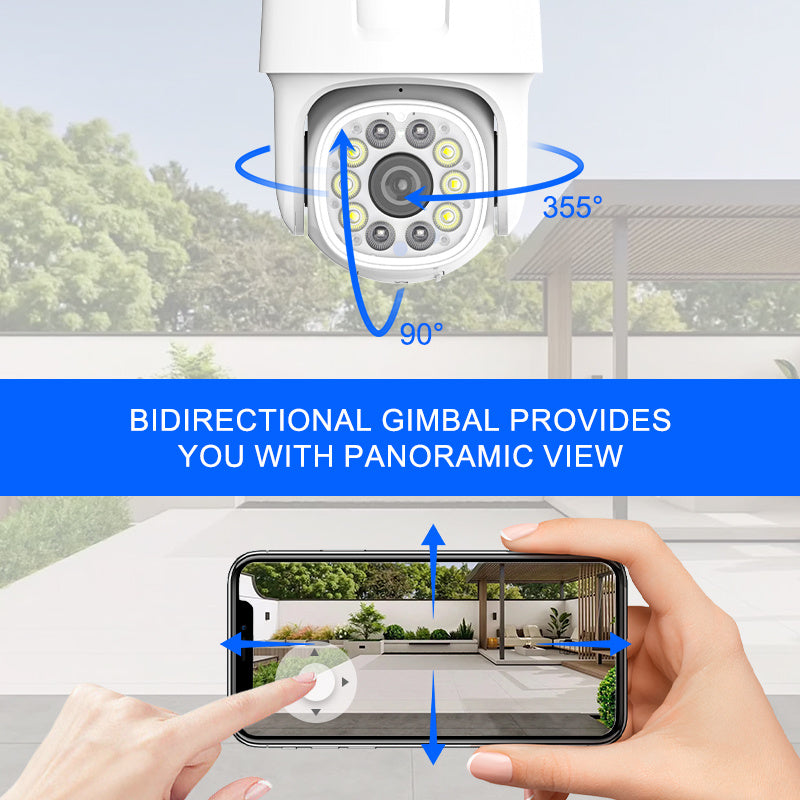 A high-quality wireless outdoor security camera for home protection, featuring 1080p HD resolution, full color night vision, two-way audio, smartphone app control, motion and audio alerts. This camera offers panoramic surveillance with 355° horizontal