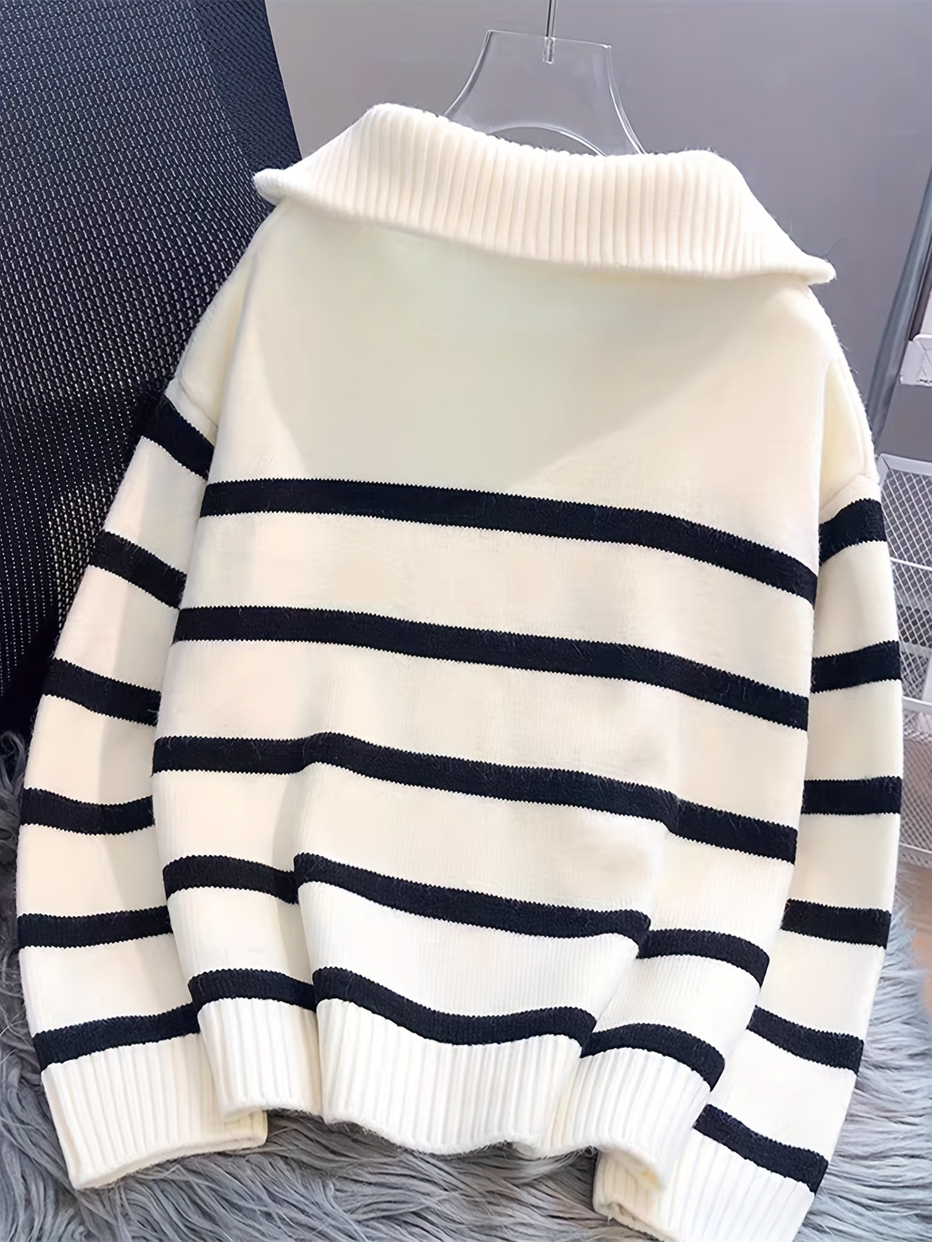 Elegant Striped Zip-Up Knit Sweater, Cozy Acrylic & Polyester Blend, Ideal for Fall/Winter