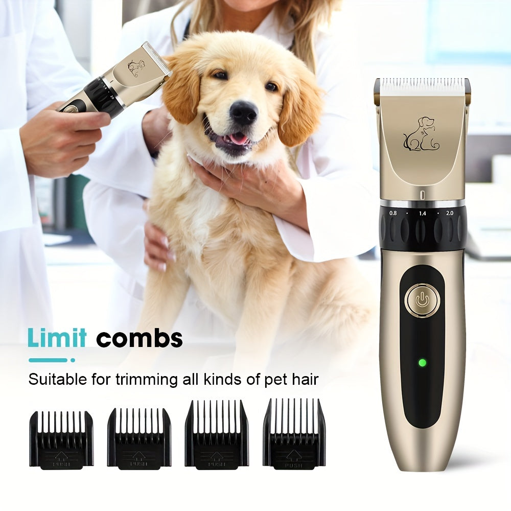 Electric pet hair trimmer with removable blade and rechargeable battery.