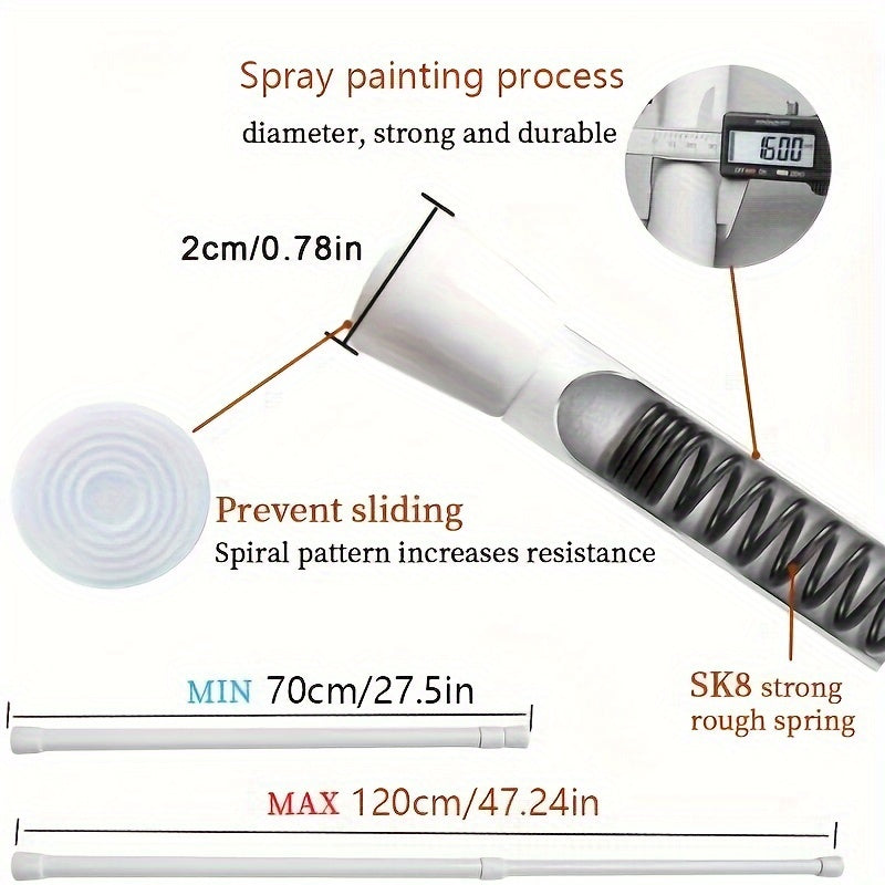 White adjustable curtain rod for door, window, bathroom, and home décor with spring telescopic feature.