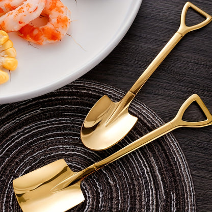 Luxury stainless steel dessert spoon set with cute shovel design, perfect for home, dessert shop, restaurant, or hotel. Great for serving desserts and watermelon, a stylish addition to your kitchen supplies.