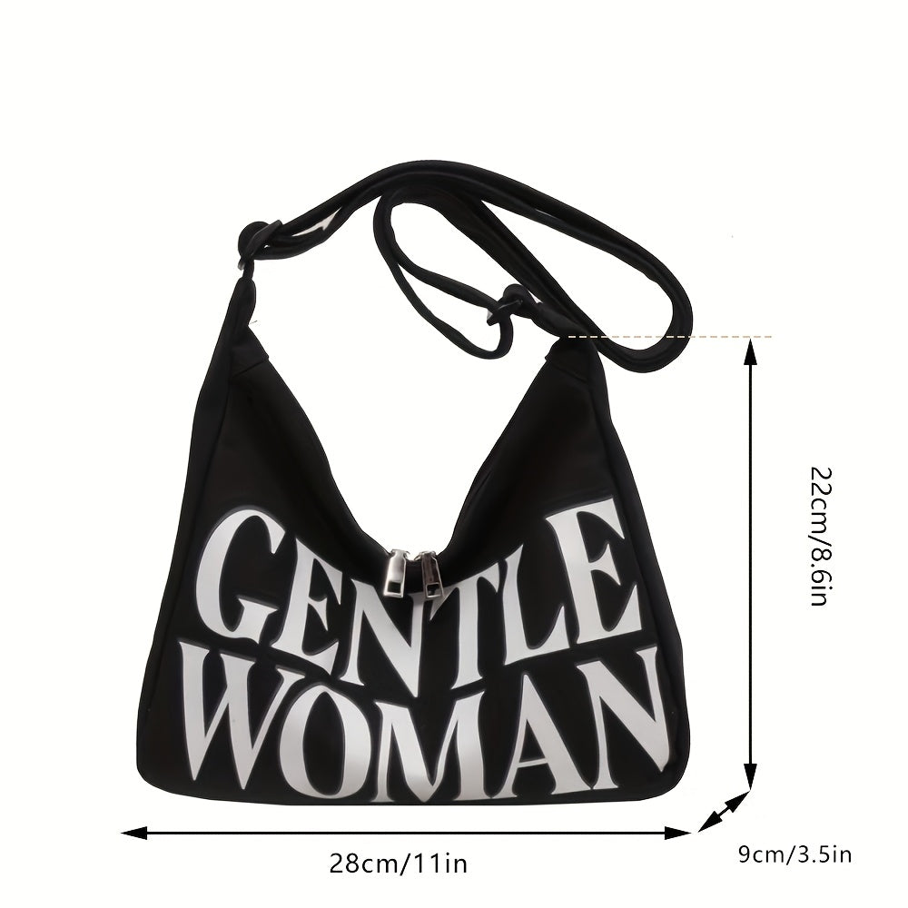 Chic letter print tote bag with zipper closure, suitable for casual work and class. Single strap design with polyester lining in black and white.