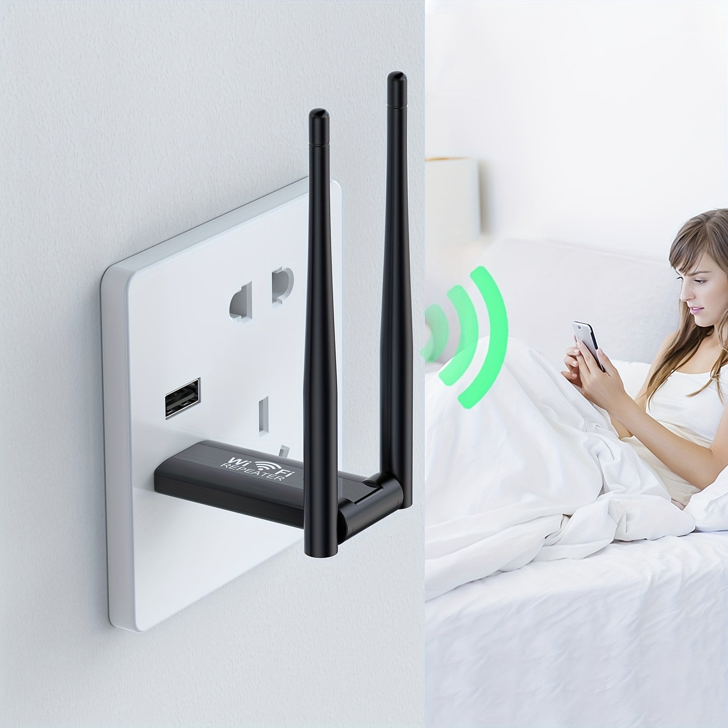 Wireless Repeater Extender boosts WiFi signal for upstairs and downstairs areas with dead spots, providing 300Mbps network speed.