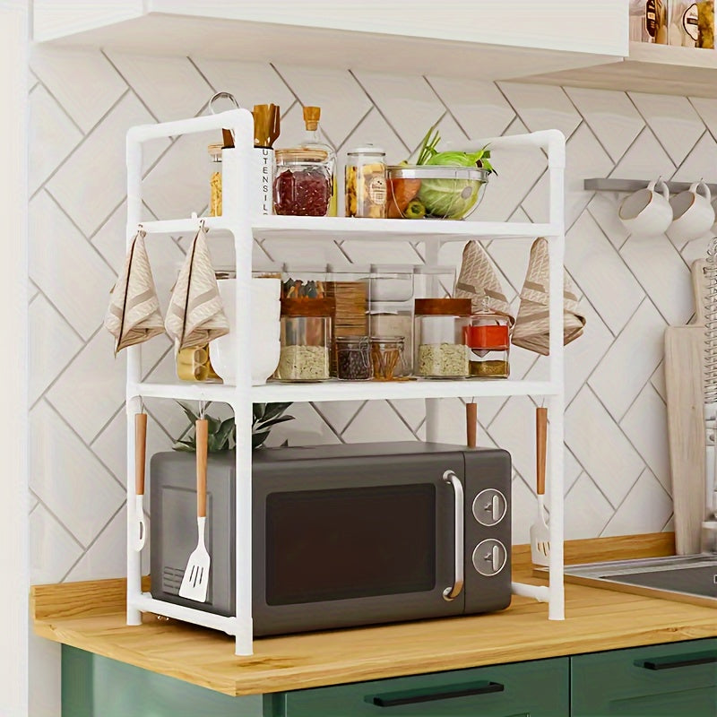 The Expandable Double-Layer Microwave Rack with Classic Style features 4 Hooks for added convenience. This Multi-functional Kitchen Storage Organizer is constructed with Metal and Plastic materials. Assembly is required, but no batteries are needed.