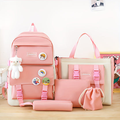 5-piece school bag set includes canvas backpack with plush bear, badge, coin purse, pencil case, handbag storage pouch, and crossbody bag for college. Cute style with stitching detail and