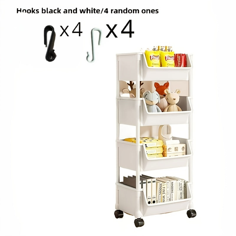 Multi-layer trolley shelf for floor-to-ceiling storage of snacks, fruits, vegetables, and books. Made of durable plastic, no batteries needed.