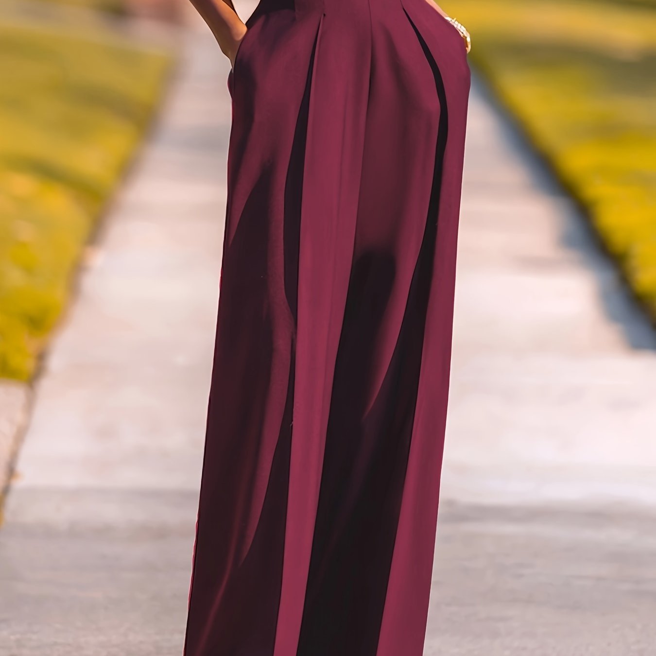 Women's wide leg pants in solid color, made from polyester elastane blend with pocket details for casual wear in spring and summer.