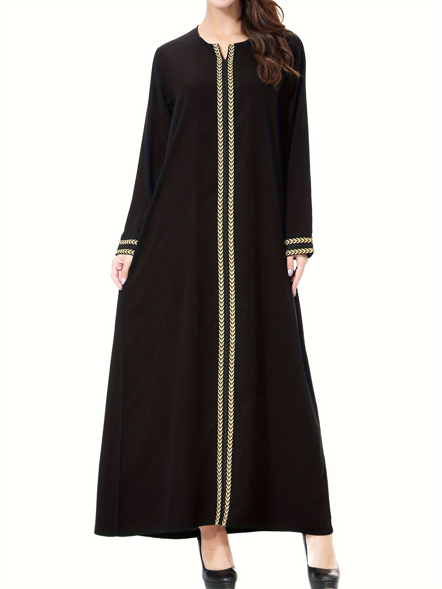 Ramadan Modest Dress with Golden Trim and Long Sleeves