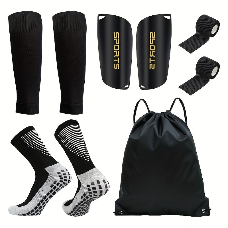 5-piece soccer gear set including slip-on socks, knee pads, and leg sleeves. Suitable for outdoor sports such as soccer, basketball, and yoga.