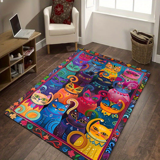 Plush & Cozy Multicolored Cat-Printed Area Rug - 8mm, Easy to Clean in Washing Machine, Perfect for Kitchen, Living Room, Bedroom - Versatile Indoor Decor Piece