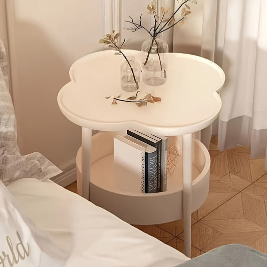 White Mid-Century Modern Coffee Table with Lower Shelf and Flower-Shaped Nightstand for Living Room & Bedroom, Chic and Portable Design