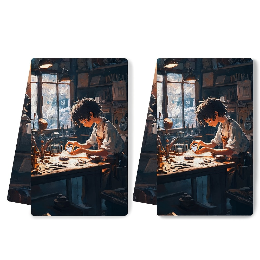 Set of 2 Ultra Soft Kitchen Towels featuring an anime boy carving a heart-shaped gemstone in a jeweler's workshop. These highly absorbent dish hand towels are perfect for holiday decor. They are machine washable and measure 16x24 inches. Item code