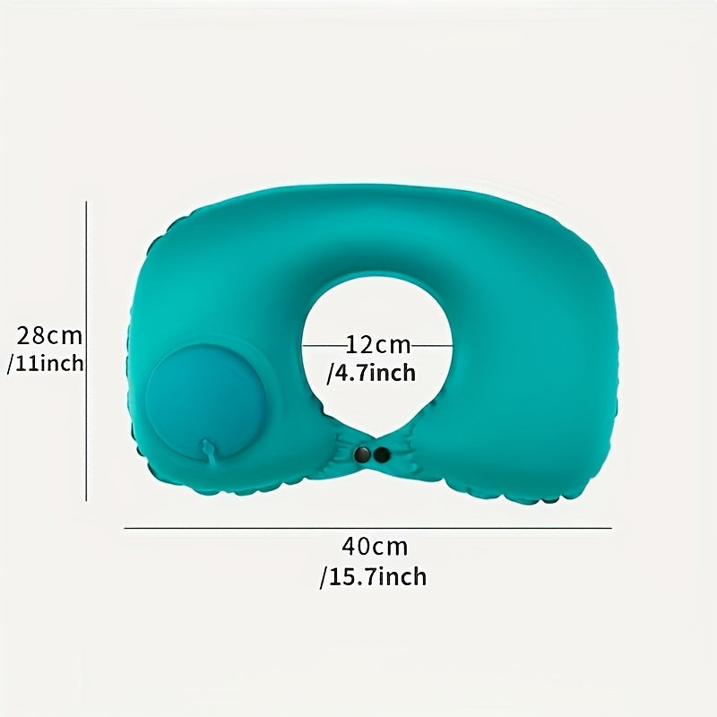 Modern style portable inflatable U-shaped neck pillow that provides automatic cervical support. It is lightweight with a velvet cover and adjustable closure, perfect for use at home, in the office, or in the car. This pillow must be hand washed for