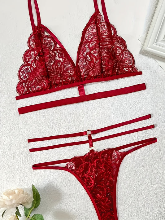 Sexy lace patchwork belt lingerie set includes bra and thong for women.