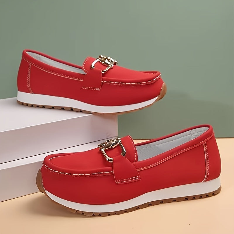 Solid color loafers for women with metallic buckle, soft sole, and closed toe for casual wear.