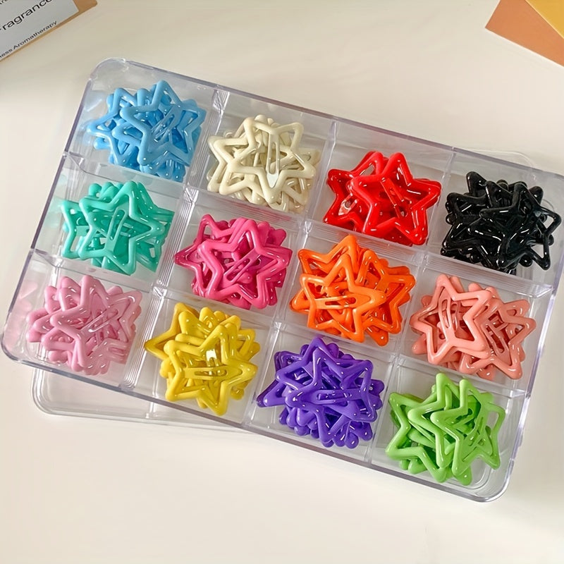 Y2K Cute Star Hair Clips Set in colorful metal star shape, available in 15/30/50/100pcs. Trendy hair accessories for all ages 14+. Perfect gift for Eid and Ramadan.