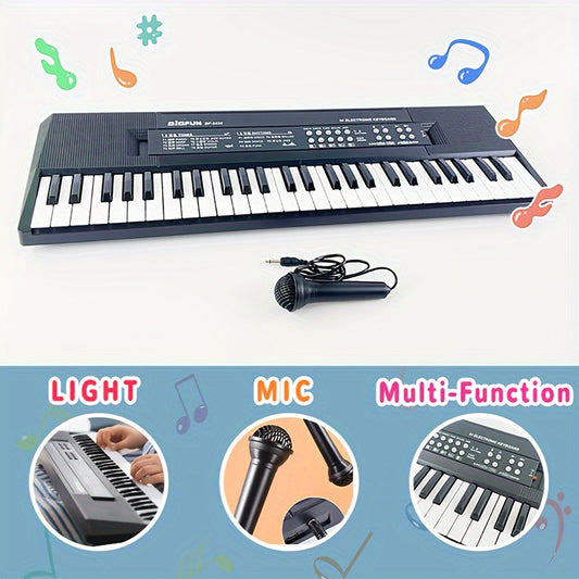 Portable electronic piano keyboard with microphone, battery operated, teaching function, durable plastic, suitable for ages 14+, beginner's music learning.