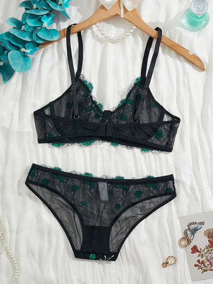 Elegant lace bra and panty set for women, featuring floral embroidery and knitted fabric. Perfect for adult intimate wear.