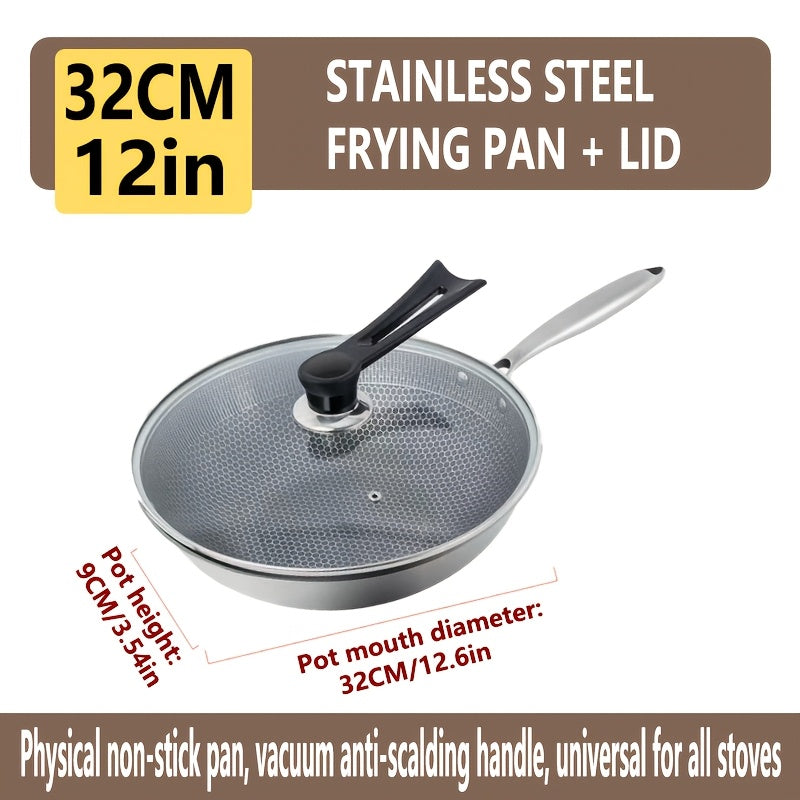 Stainless Steel Wok Pan with Glass Lid - Non-Stick, Easy to Clean, Suitable for Induction & Gas - Hand Wash Only - Includes Lid - Perfect for Cooking Fish, Eggs, Steak - Must-Have Kitchen Item